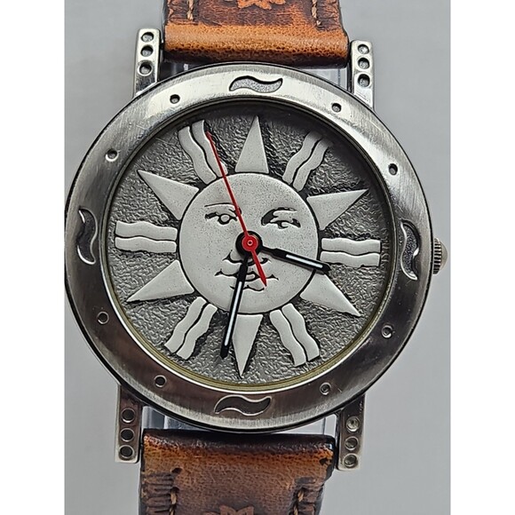 Vintage CS Ltd Hong Kong Celestial Sun Face Quartz Watch New Battery Brown Strap main image 8